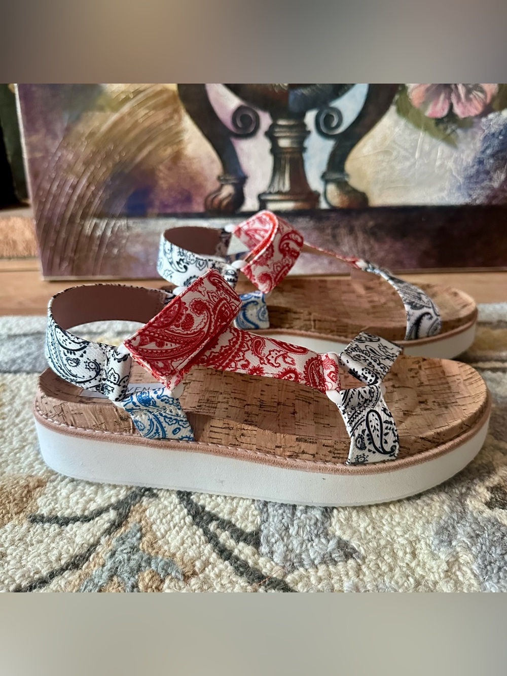 steven ny bandana print platform sandals in multi colors / size 8